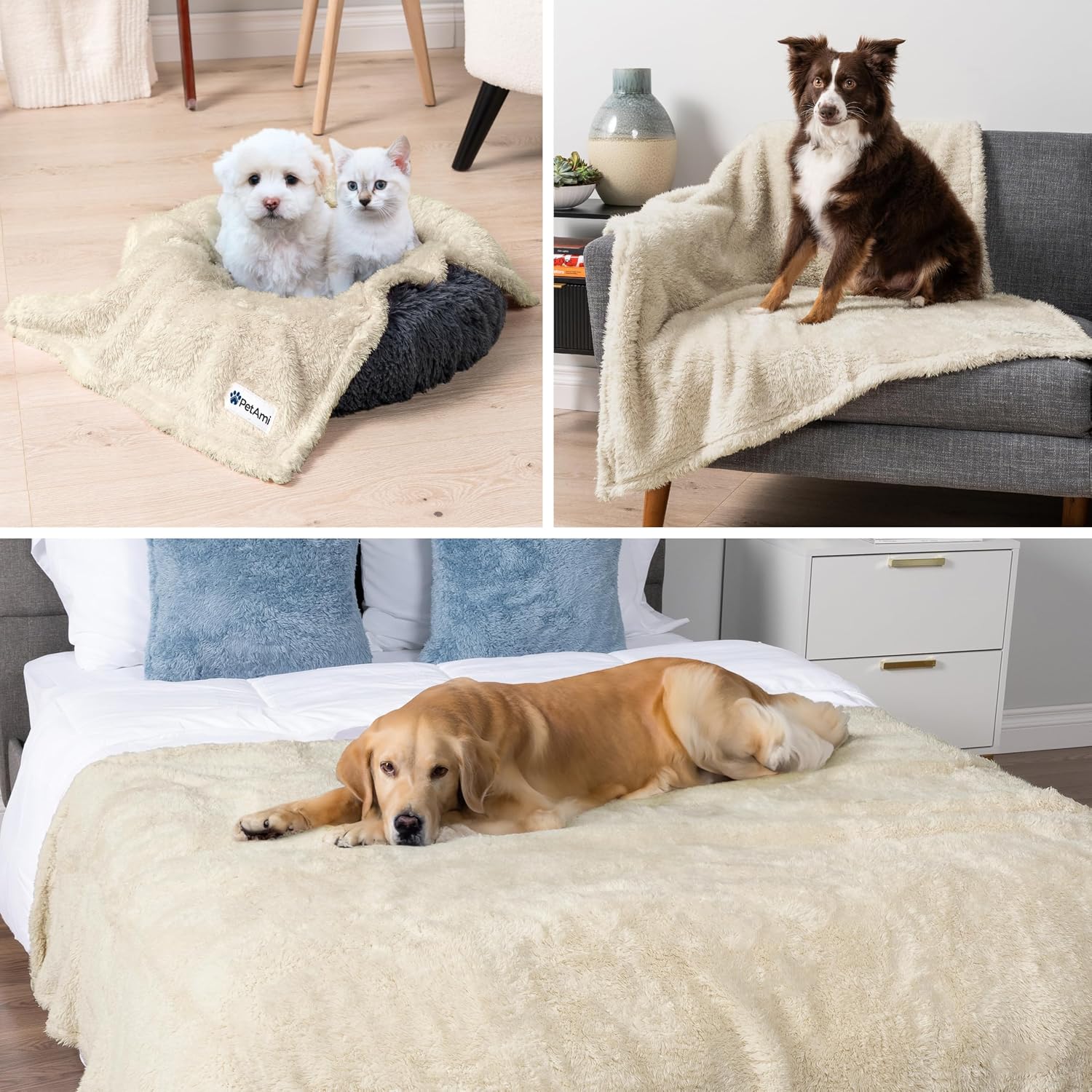 PetAmi Fluffy Sherpa Waterproof Dog Blanket for Pet Cat Queen 90x90, Beige