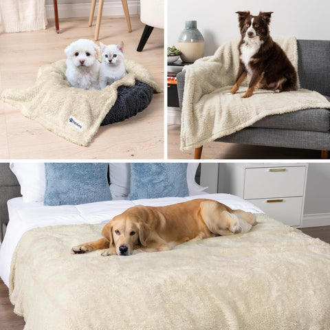 PetAmi Fluffy Sherpa Waterproof Dog Blanket for Pet Cat Queen 90x90, Beige