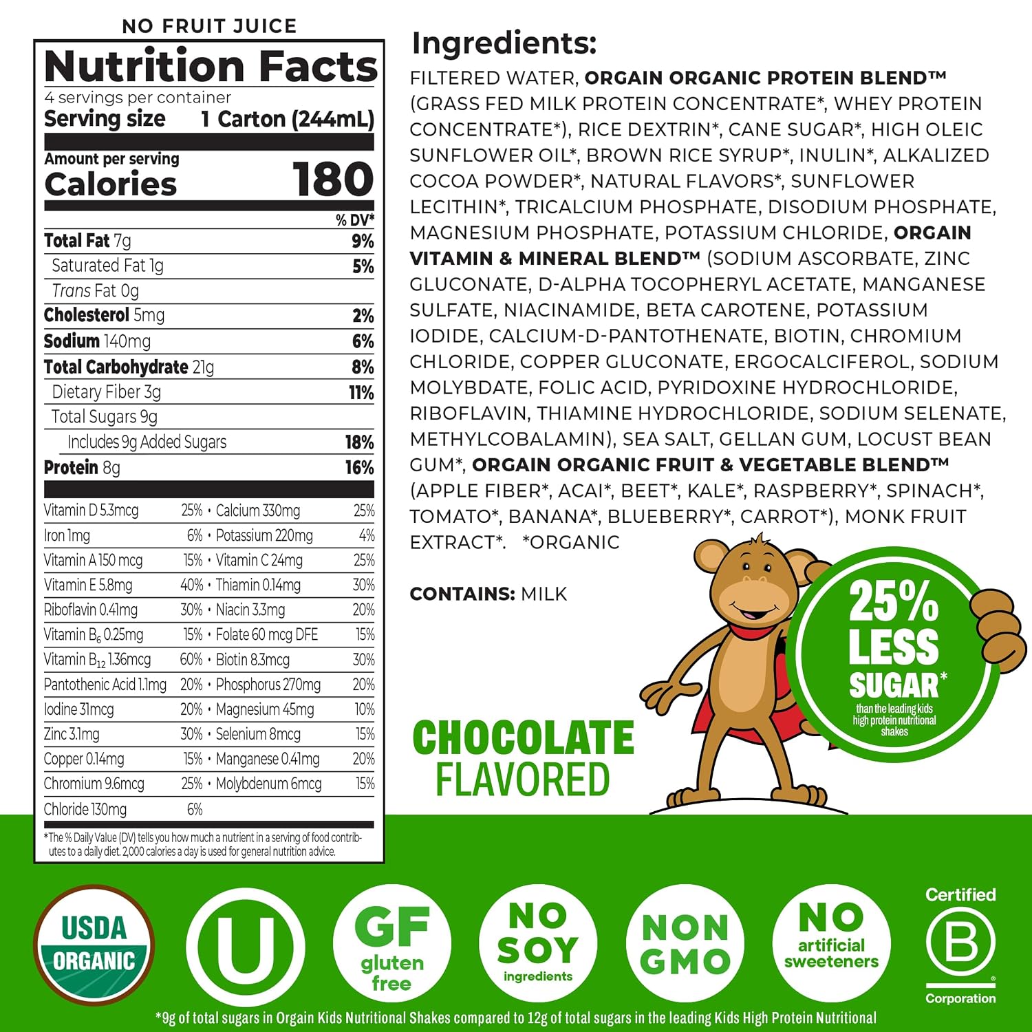 Orgain Organic Kids Dairy 8g Protein Shake, Chocolate, 8.25 oz, 4pk