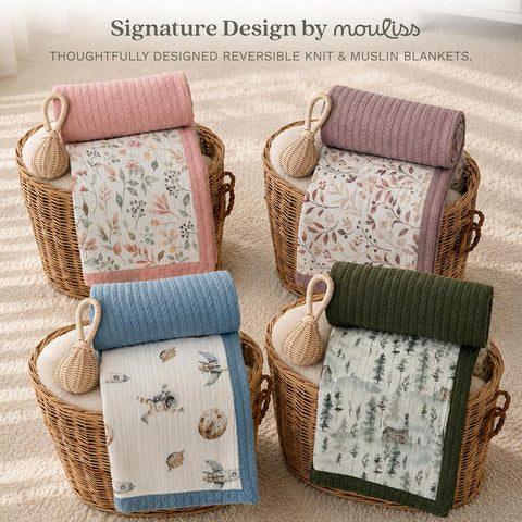 Mouliss Muslin Baby Blanket, Cable Knit, 41x30 in, Dusty Rose Leaves