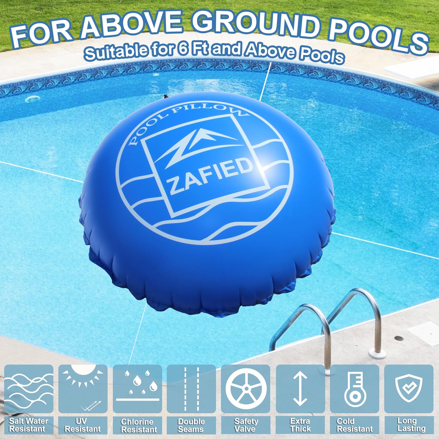 6' x 6' Air Pool Pillow for Above Ground Swimming Pool Covers, Pool Pillows for Closing Winter, Heavy-Duty Cold Resistant Vinyl Material Air Poolpillow, Rope Included