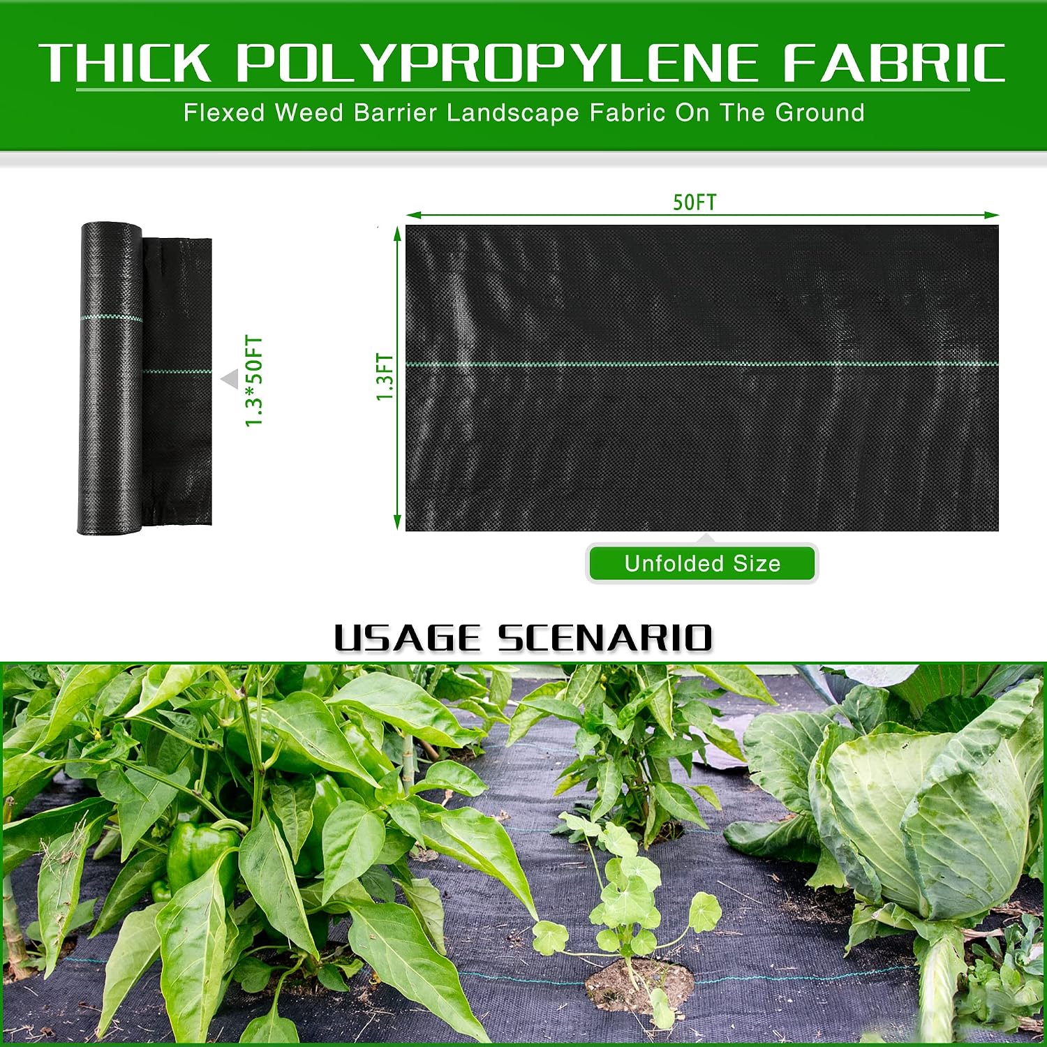 Weed Barrier Landscape Fabric Heavy Duty, 1.3FT x 50FT Thicken Garden Fabric Weed Mats, Weed Control Garden Cloth, Woven Geotextile Fabric for Garden Beds, Underlayment, Commercial Driveway