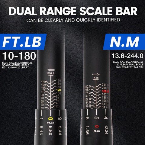 6PCS Click Torque Wrench Set, 1/4" 3/8" 1/2" Drive (20-240 in.lb, 5-50 ft.lb, 10-180 ft.lb), 72-Tooth Ratchet with 4", 5", 6" Extension Bars for Auto, Bicycle & Motorcycle Maintenance