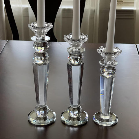 Allgala Set of 3 Crystal Glass Made Reverse Tapered Pillar and Hand Crafted Ball Candlesticks - 8.5,10,11 Inches -HD89154
