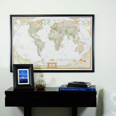 Craig Frames Travel Map with Pins, 24x36 Executive World Map for Wall Art, Modern Standard Black Frame
