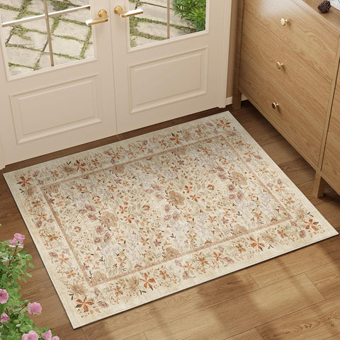 DUKINO 2x3 Entryway Rug, Washable Vintage Floral Area Rug, Beige