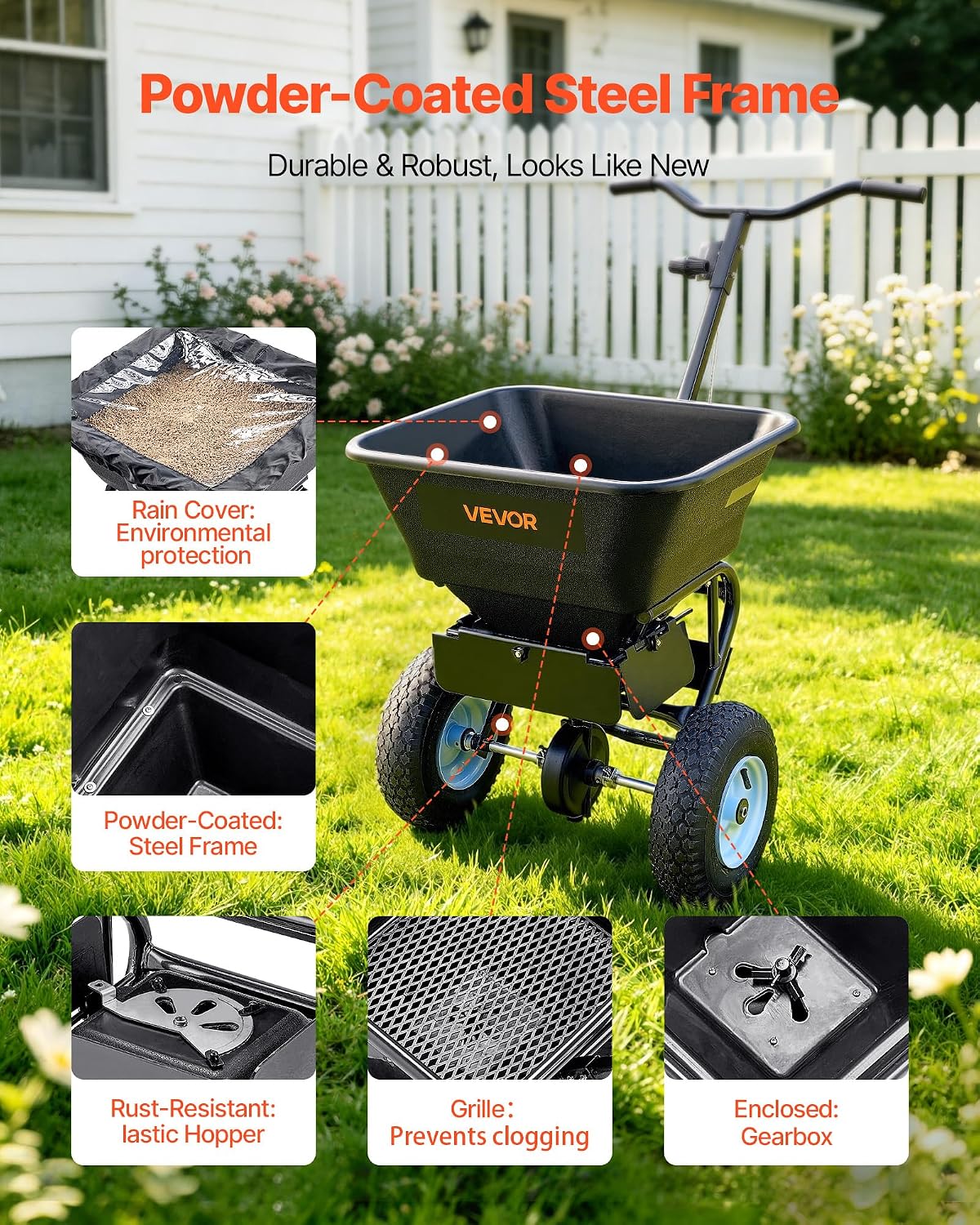 VEVOR Walk Behind Spreader 60 lbs Capacity Push Broadcast Spreader Black | for Lawn & Garden, 0-9.8 ft Spreading Width & 18 Adjustable Settings, 8 in All Terrain Pneumatic Tires for Seed, Fertilizer