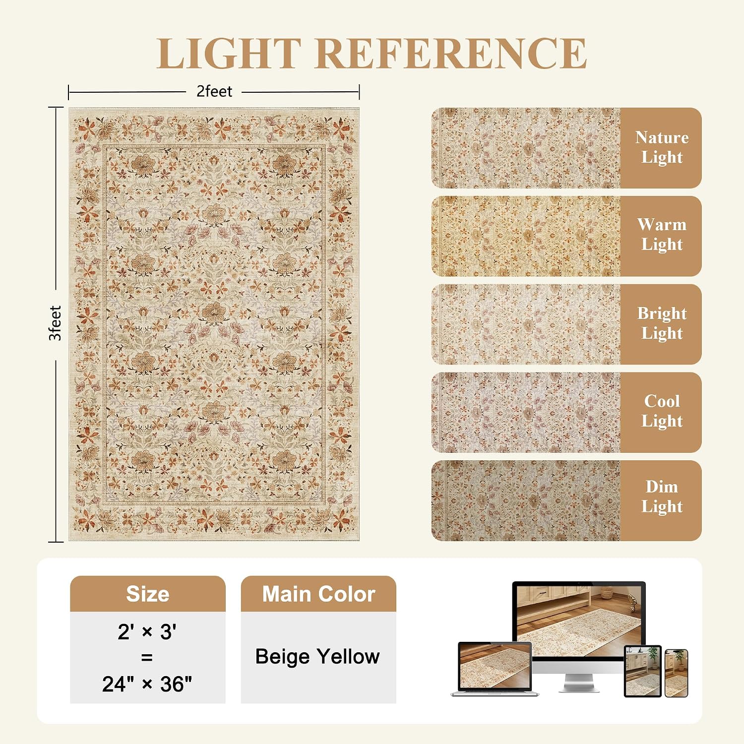 DUKINO 2x3 Entryway Rug, Washable Vintage Floral Area Rug, Beige