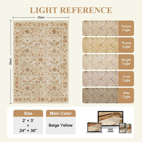 DUKINO 2x3 Entryway Rug, Washable Vintage Floral Area Rug, Beige