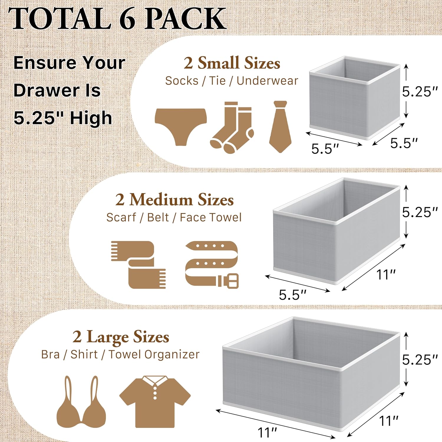 Simple Houseware Underwear Drawer Organizer, Set of 6, Gray