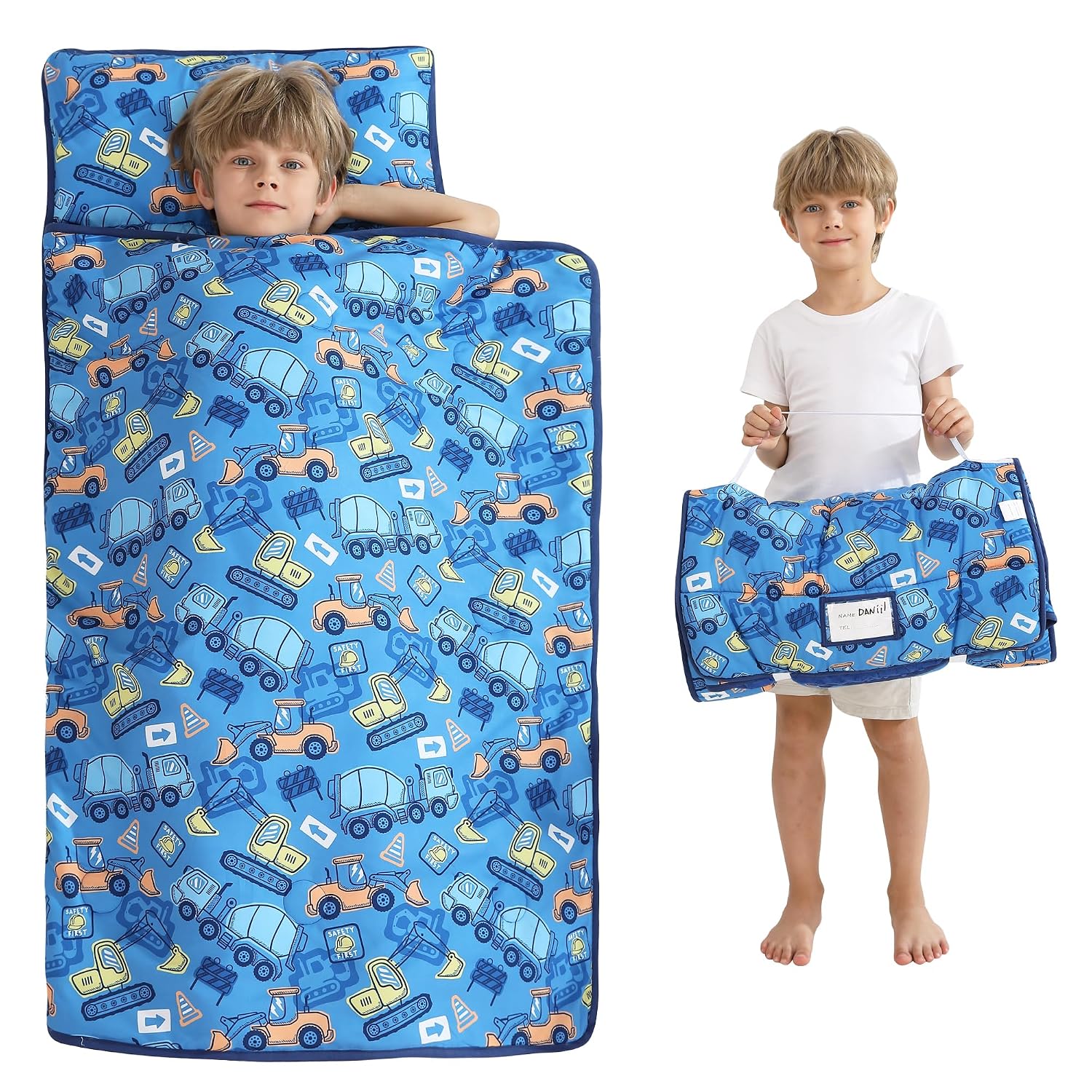 Viviland Toddler Kid Nap Mat for Preschool, Boys Blue Car Slumber Bag, Daycare Bag with Pillow and Blanket, Kindergarten Mat