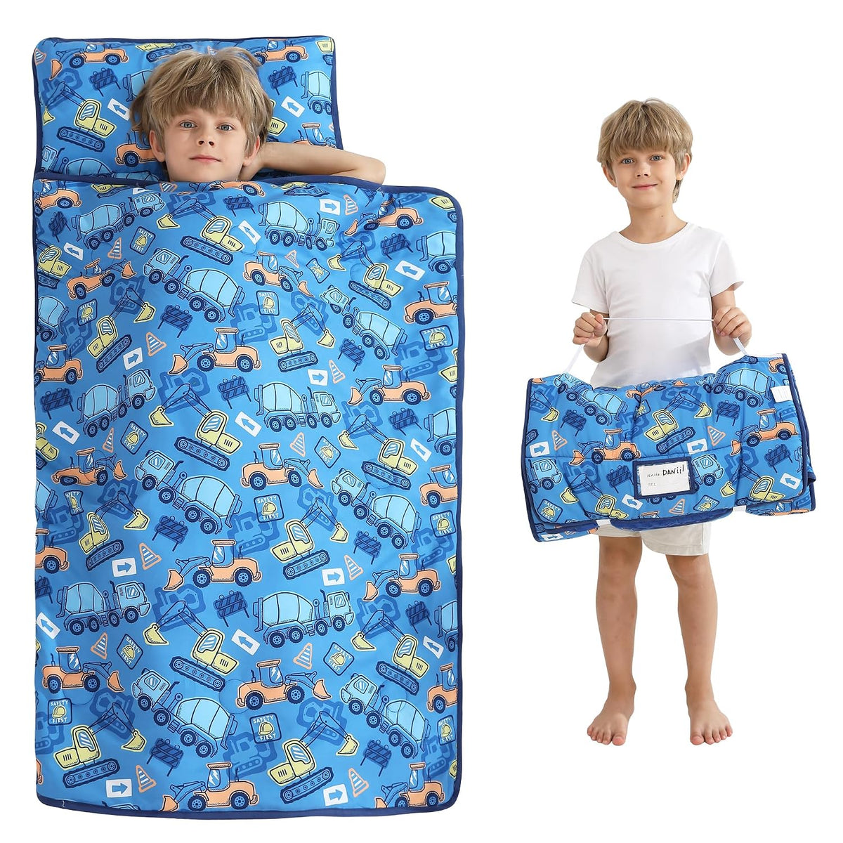 Viviland Toddler Kid Nap Mat for Preschool, Boys Blue Car Slumber Bag, Daycare Bag with Pillow and Blanket, Kindergarten Mat