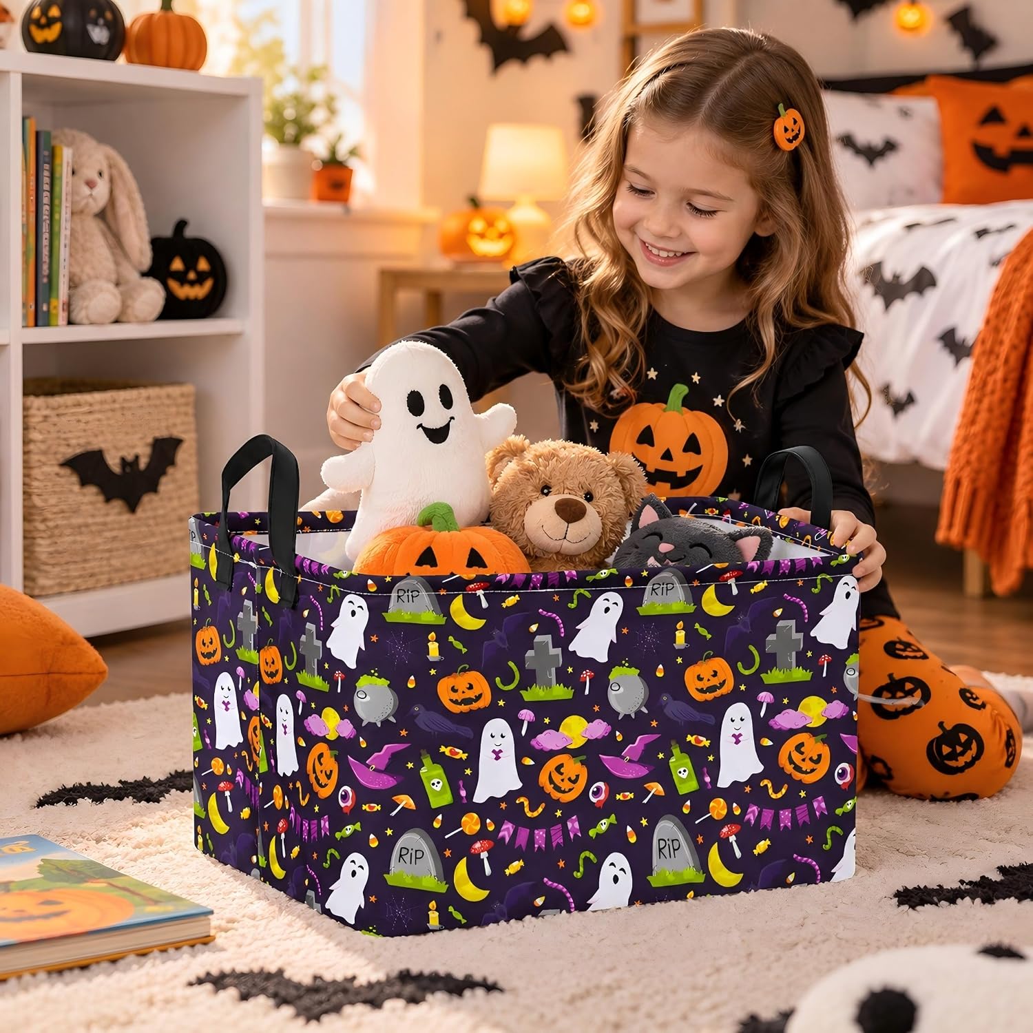 Halloween Ghost Storage Basket with Handles, Pumpkin Print Collapsible Rectangular Organizer Bin, Cotton Linen Gift Basket, Laundry Hamper Toy Storage Box for Bedroom Closet Shelf Home Decor