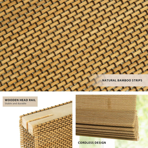 LazBlinds No Drill Cordless Bamboo Roman Shades, 24" W × 64" H, Acorn