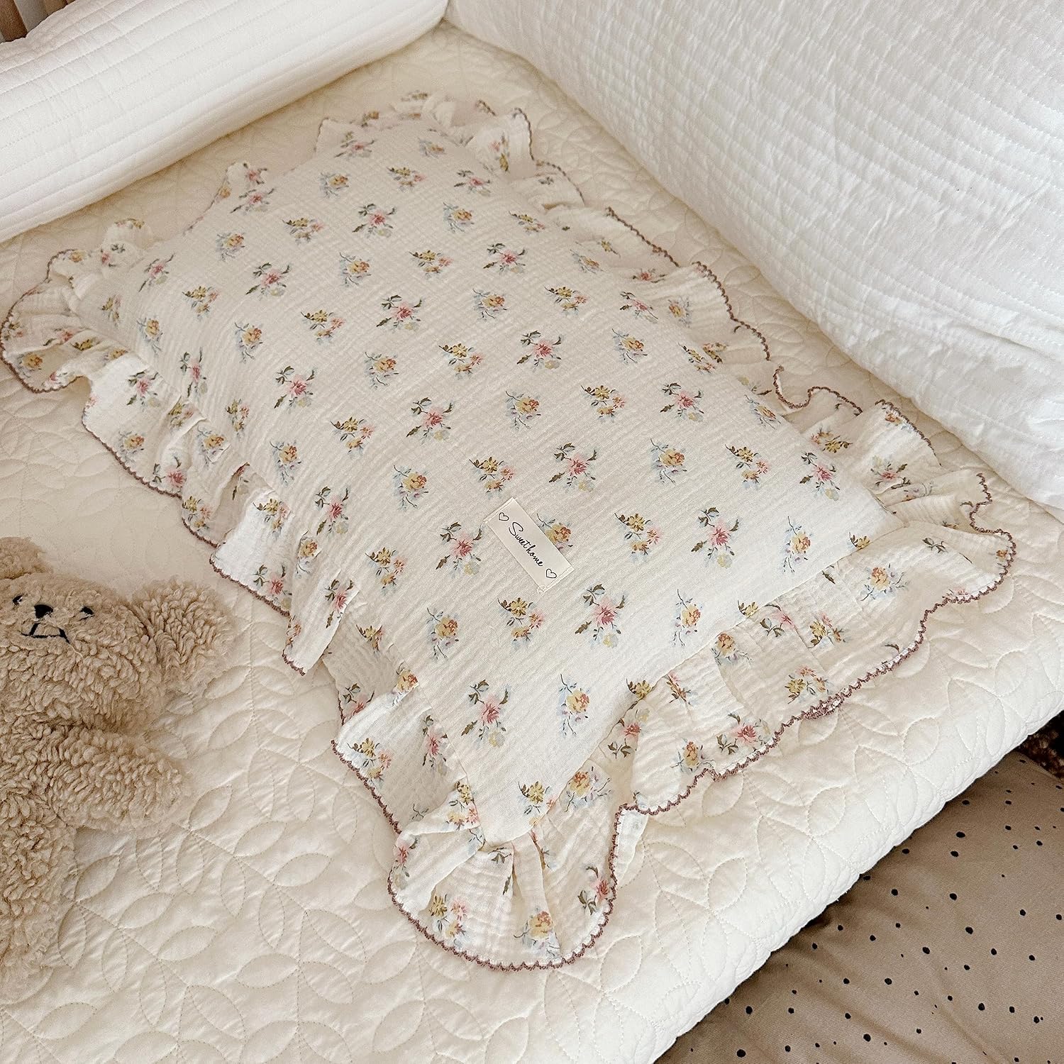 BuLuTu Muslin Ruffled Kids Toddler Pillowcase Standard Size 20"x26",Azalea
