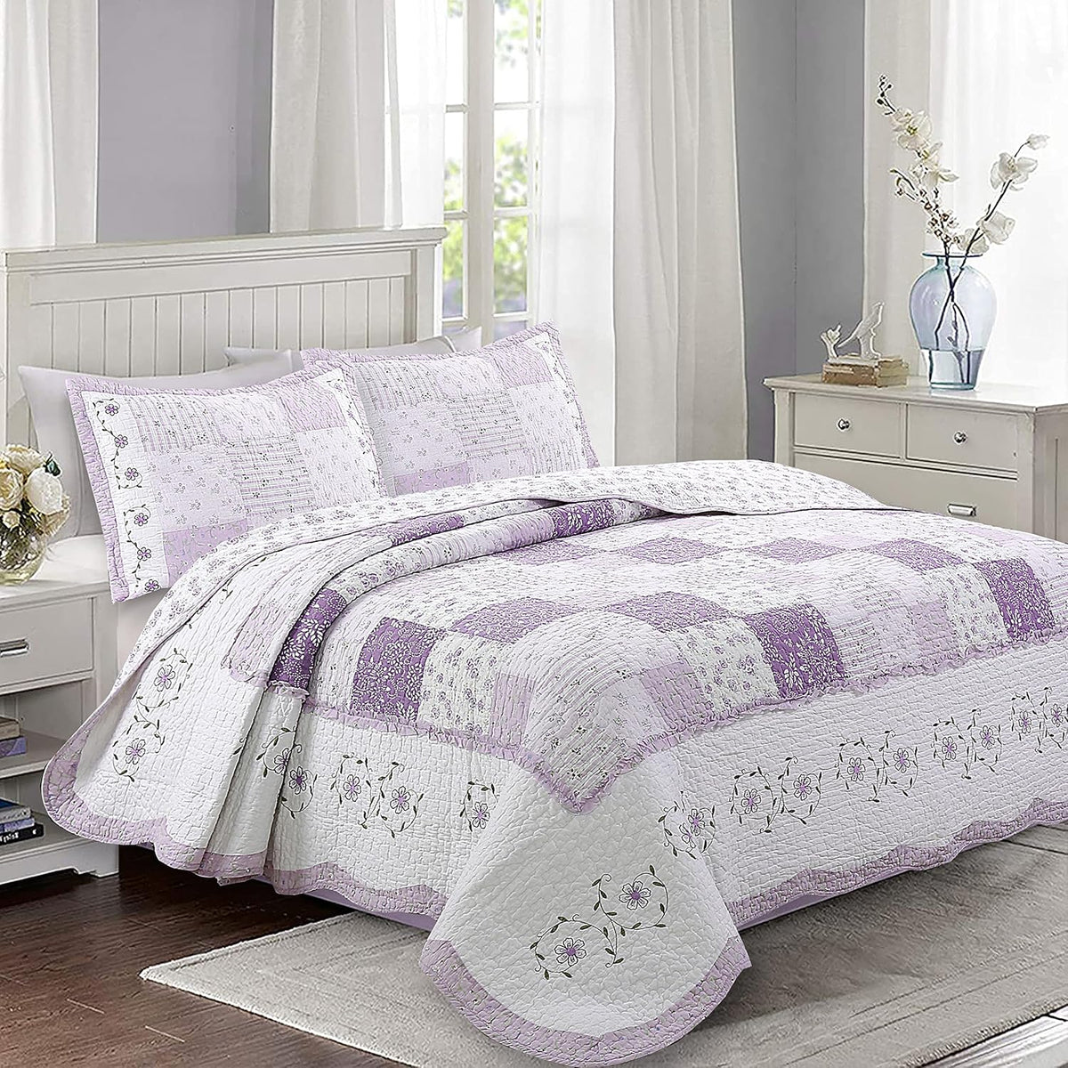 Cozy Line Home Fashions 100% Cotton Hand Piecing Real Patchwork Love of Lilac Bedding Quilt Set, Purple Orchid Lavender Chic Lace Floral Reversible Coverlet, Bedspread (Lilac, Twin - 2 Piece)