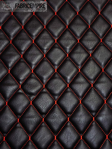 Vinyl Quilted Foam Fabric with 3/8" Foam Backing Upholstery / 52" Wide/Sold by The Yard/FABRIC EMPIRE (Black with Hq Red Thread, Diamond 2" x 3")