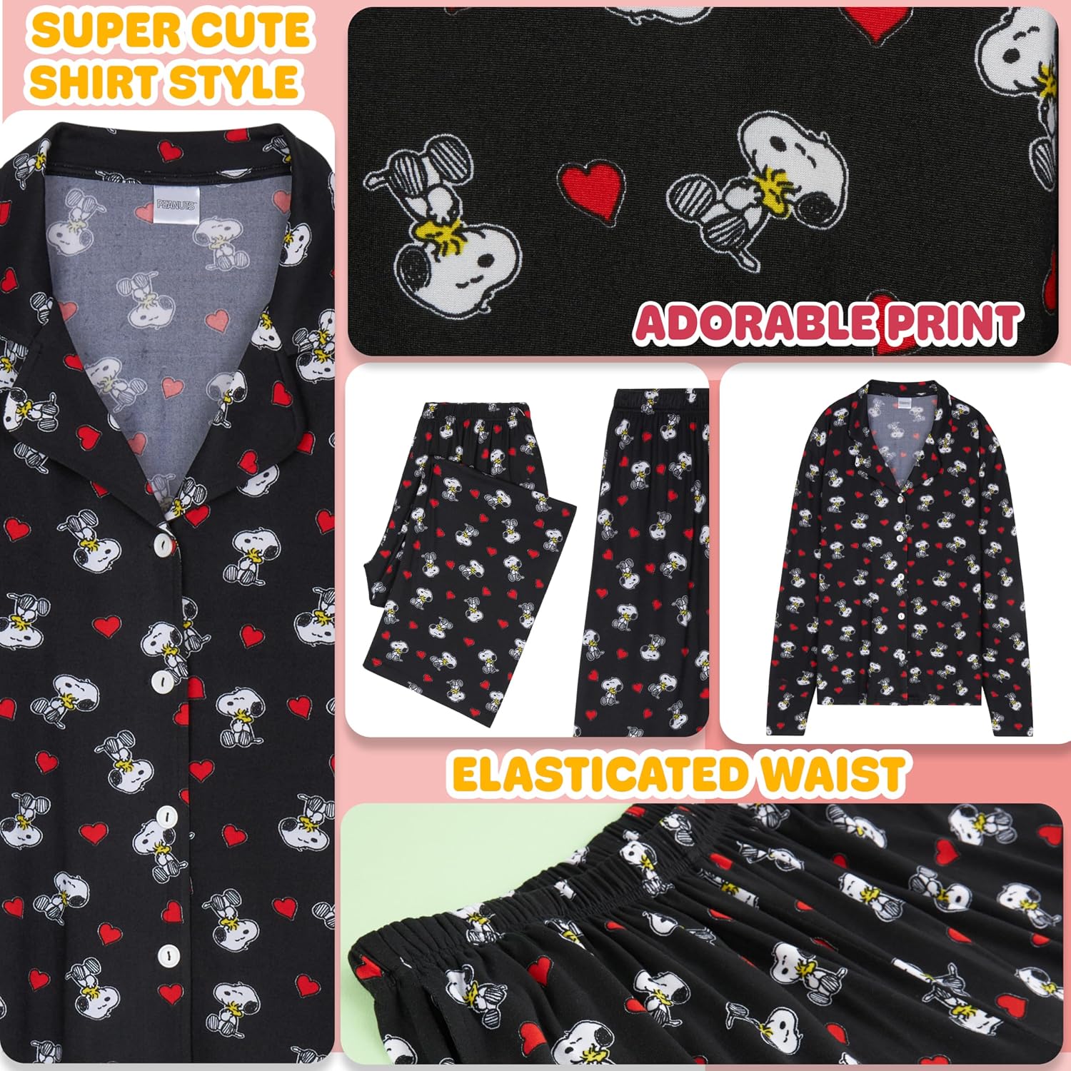 Peanuts Snoopy Pajamas for Women Set Long Sleeve Lounge Top PJ Pants Sleepwear Cute Nightwear Loungewear Gifts for Women