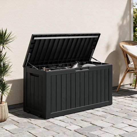 90 Gal Deck Box,Waterproof Resin Outdoor Storage Gas Lift,Lockable Black