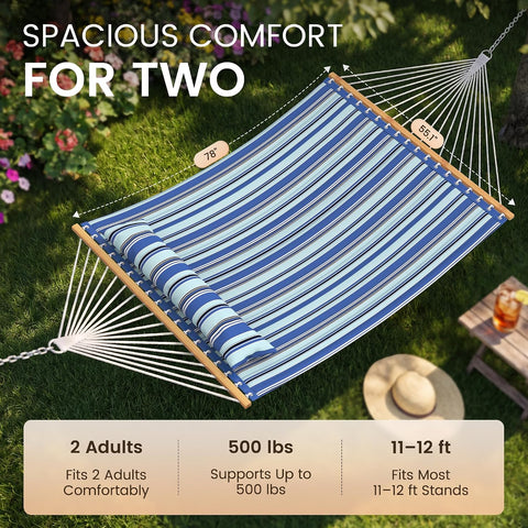 Everyfun 2 Person Quilted Hammock with Spreader Bar, 500lbs Capacity, Blue