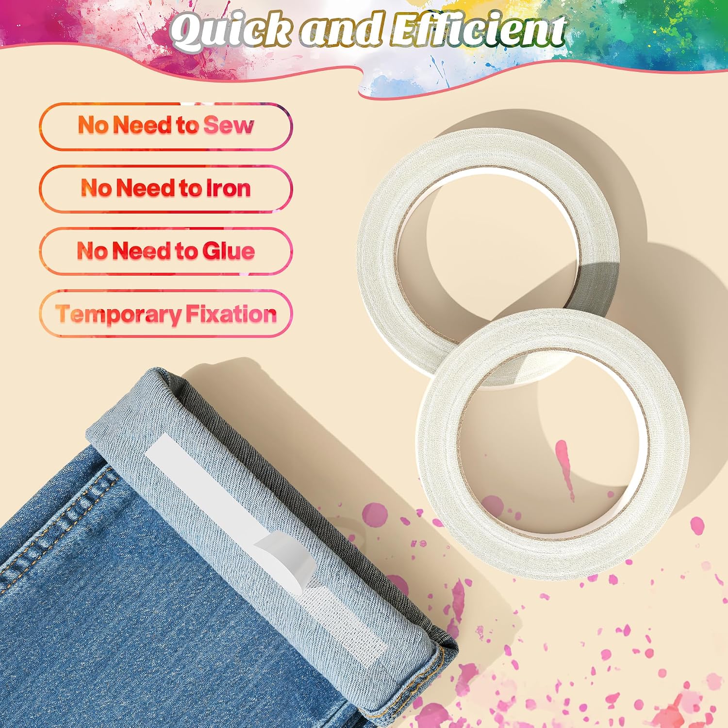 2 Rolls Hem Tape No Sew No Iron,Double Sided Fabric Tape