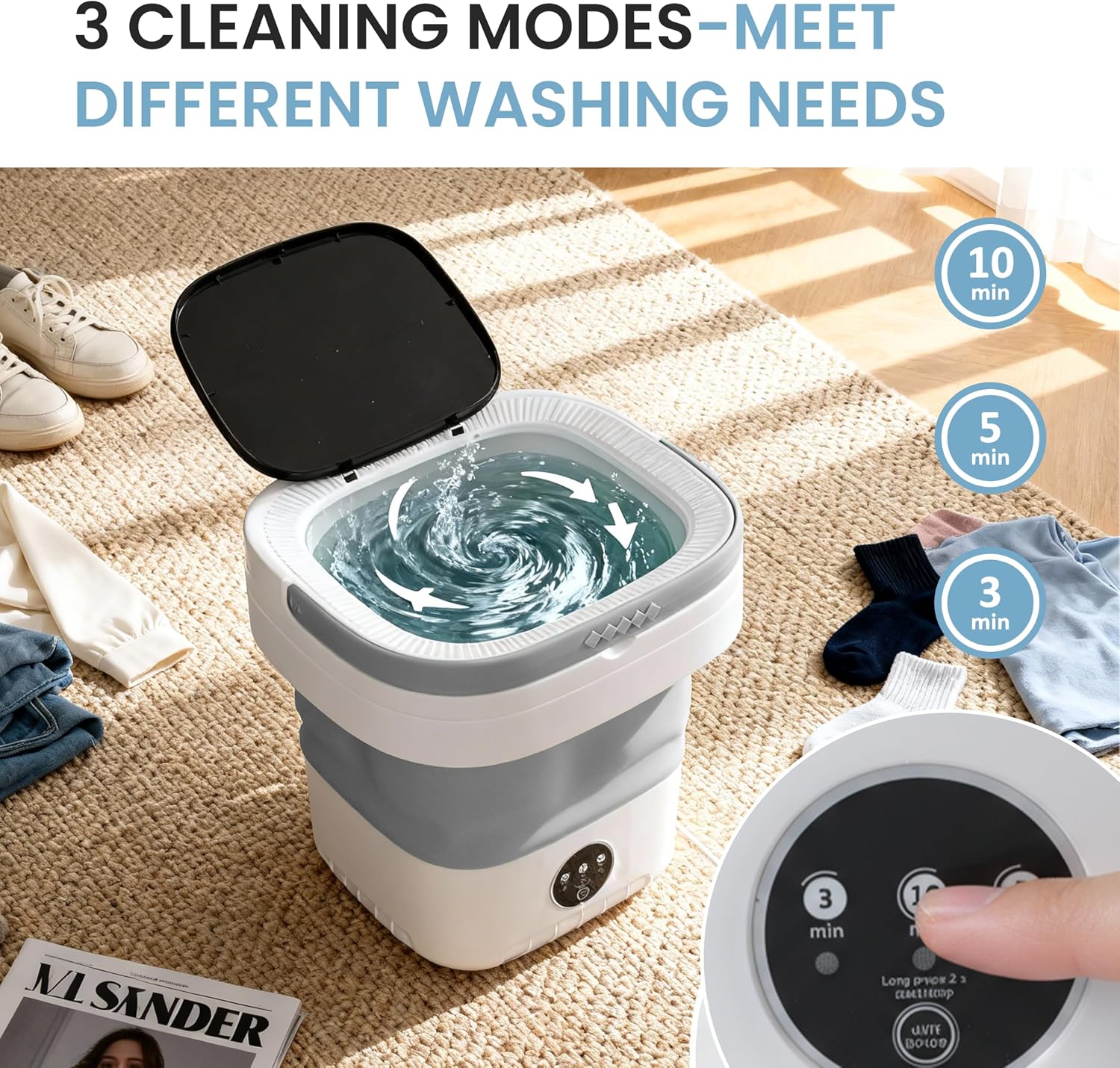 Portable Washing Machine 16L Mini Foldable Washer with Spin Basket, 3 Modes for Travel & Small Spaces (Gray)