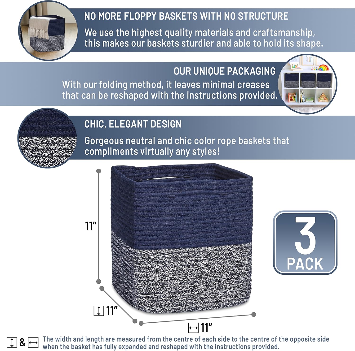 NaturalCozy Storage Cubes 11 Inch Cotton Rope Woven Baskets for Organizing, 3-Pack | Cube Storage Bin | Square Storage Baskets for Shelves Organizer, Classroom, Kids Toy Bins, Closet, Baby Nursery
