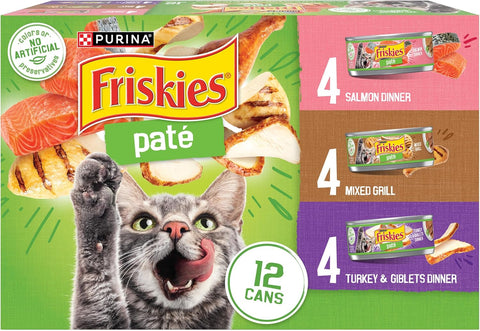 Purina Friskies Wet Cat Food Pate Variety Pack Salmon Dinner, Turkey and Giblets Dinner and Mixed Grill - (2 Packs of 12) 5.5 oz. Cans