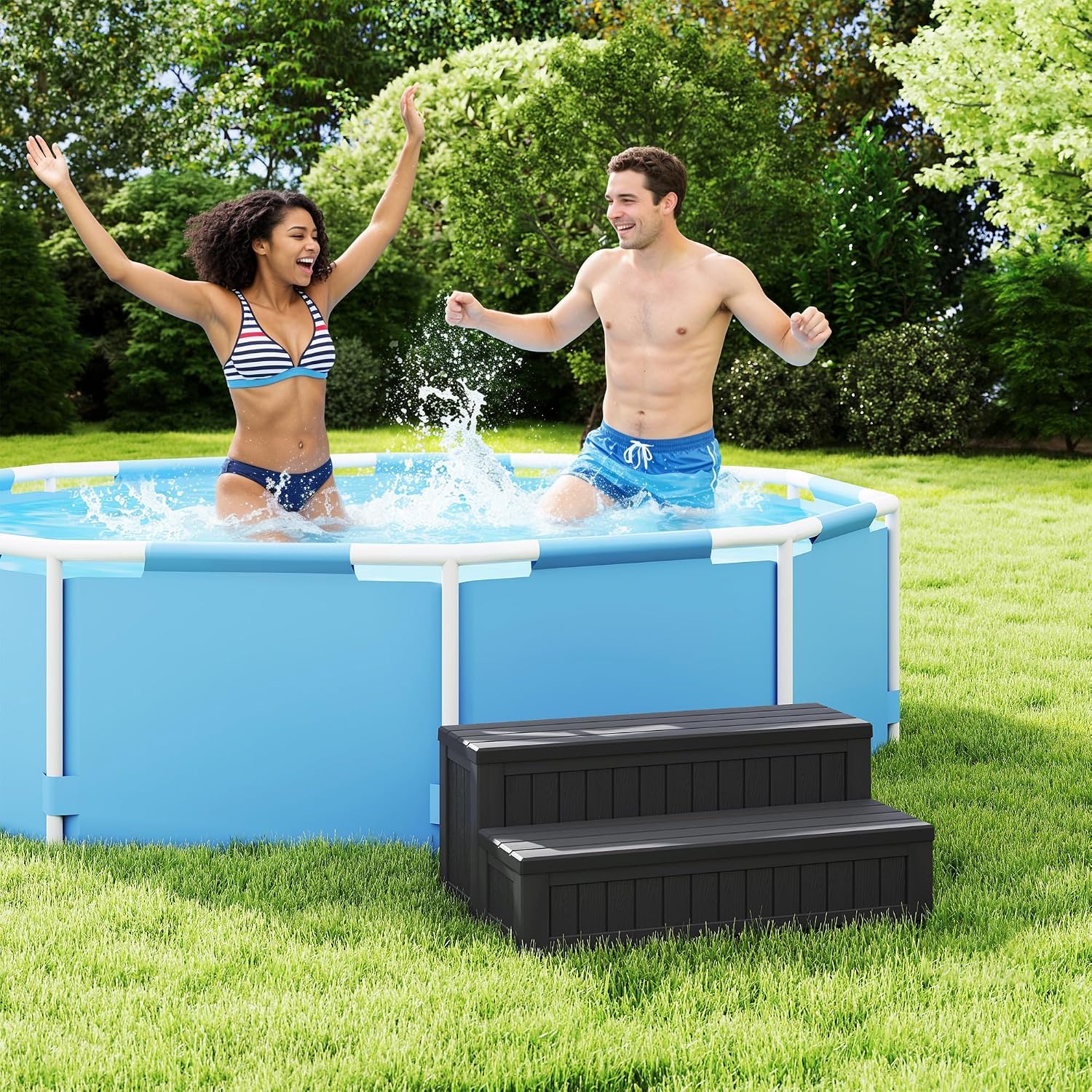 Plastic Hot Tub Steps with Storage, Spa Steps Outdoor Stairs, 36.6 Inches Long - Non-Slip All Weather Top & Feet, 32 Gallon Capacity, Waterproof for Porch/RV/Deck, Sturdy Plastic Frame, Black