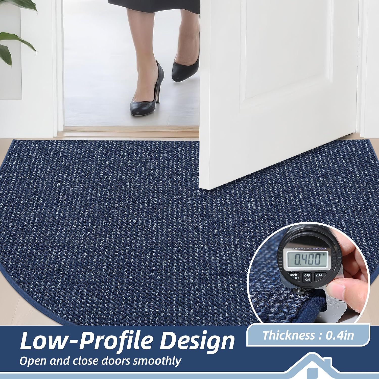 BEQHAUSE Dirt Trapper Door Mat 17" x 30" Half Circle Non Slip Rugs, Blue