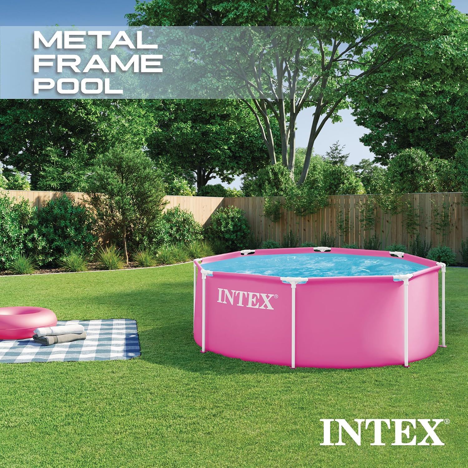 INTEX Metal Frame 8ft x 30in Round Above Ground Swimming Pool, Pink