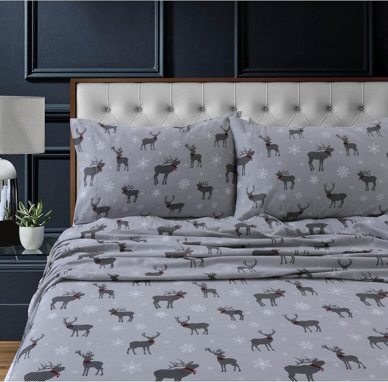 Tribeca Living Flannel Sheets King Size - 100% Cotton Flannel Sheet Set, 200 GSM Deep Pocket King Flannel Sheets, 4 Piece Ultra Soft Brushed Cotton Flannel Sheet in Deer Toile Charcoal Print