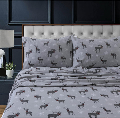 Tribeca Living Flannel Sheets King Size - 100% Cotton Flannel Sheet Set, 200 GSM Deep Pocket King Flannel Sheets, 4 Piece Ultra Soft Brushed Cotton Flannel Sheet in Deer Toile Charcoal Print
