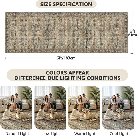 2x6 Hallway Runner Rug, Washable Vintage Retro Long Runner Rugs for Kitchen Laundry, Soft Ultra Thin Non Slip Low Pile Traditional Distressed Boho Carpet for Bedroom Bathroom, Charcoal Olive