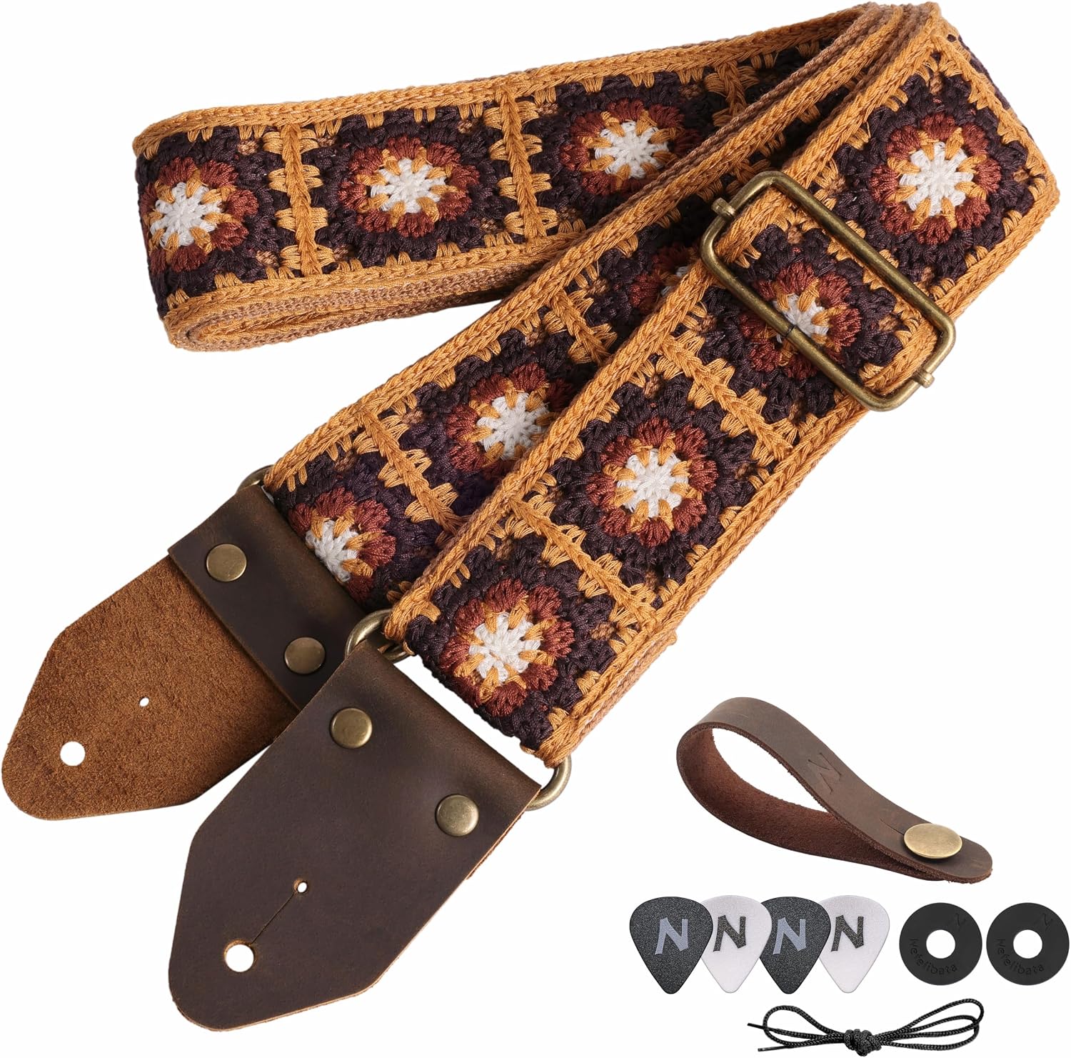 Nefelibata Guitar Strap,Crazy Horse Leather Jacquard Embroidery Cotton Guitar Straps for Bass, Electric & Acoustic, Best Gifts for Guitarists(Sunflower Yellow Embroidery)