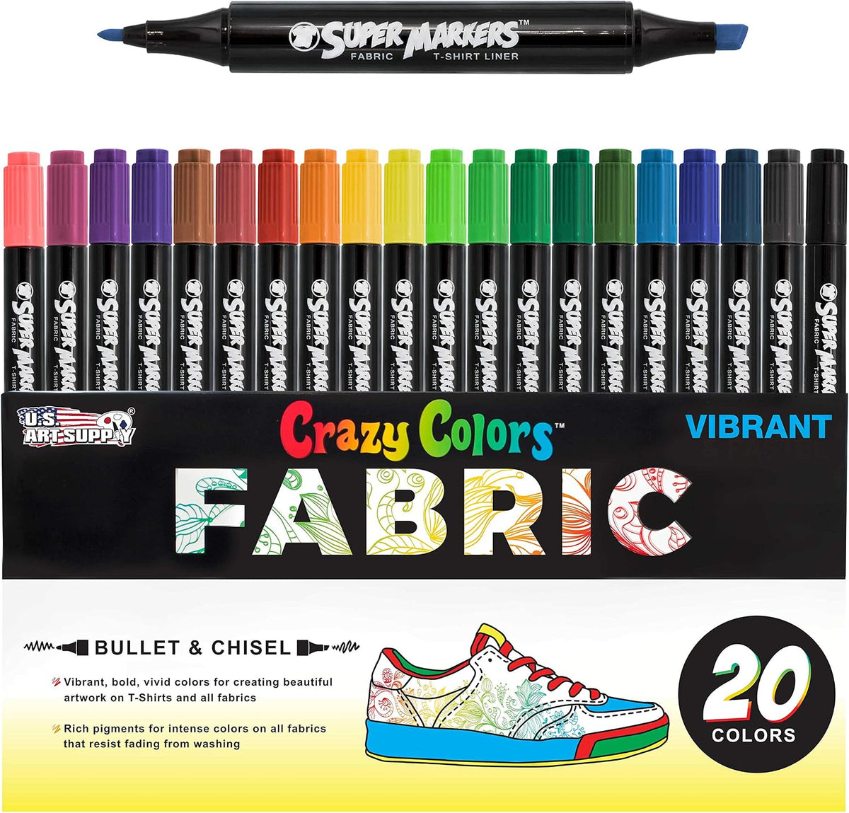 U.S. Art Supply Super Markers 20 Vibrant Dual Tip Fabric Markers