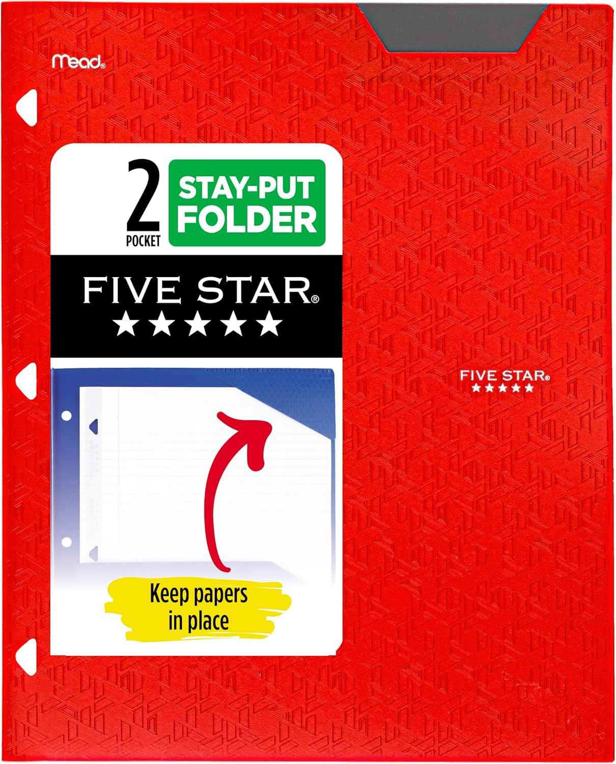 Five Star 2-Pocket Folder, Plastic Folder with Stay-Put Tabs, Fits 3-Ring Binder, Holds 8-1/2" x 11" Paper, Fire Red (333420D-ECM)