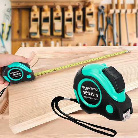 Amazon Basics Retractable Tape Measure with Metric and SAE Measurements, 16 ft / 192 in, Turquoise