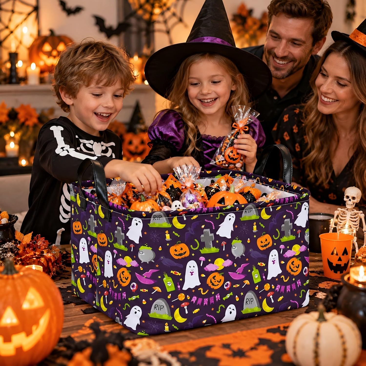 Halloween Ghost Storage Basket with Handles, Pumpkin Print Collapsible Rectangular Organizer Bin, Cotton Linen Gift Basket, Laundry Hamper Toy Storage Box for Bedroom Closet Shelf Home Decor