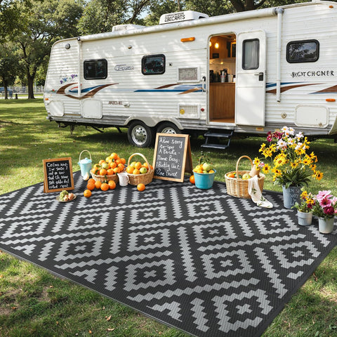 GENIMO Outdoor Rug, Waterproof Plastic Rugs for Patio, 5'x8' Black Grey