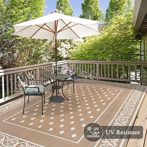 Pauwer Waterproof Outdoor Rug 6x9, Plastic Straw Patio Rug, Bordered Beige