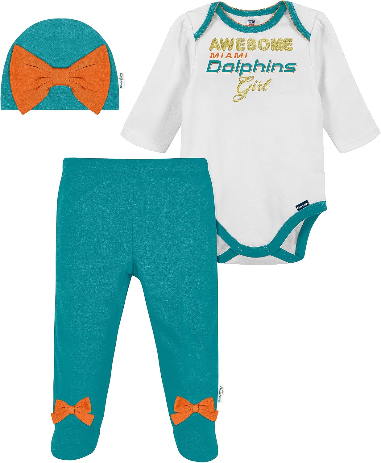 Gerber NFL Baby Girls 3-Pack Bodysuit Registry Gift Set Footed Pant and Cap