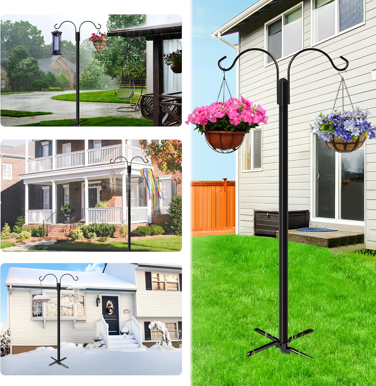 XDW-GIFTS Double Shepherds Hooks for Outdoor, 2-Pack Heavy Duty Garden Pole for Hanging Bird Feeder, Plant Baskets, Solar Light Lanterns, Garden Plant Hanger Stands with 5 Base Prongs