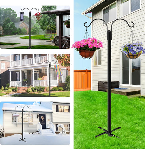 XDW-GIFTS Double Shepherds Hooks for Outdoor, 2-Pack Heavy Duty Garden Pole for Hanging Bird Feeder, Plant Baskets, Solar Light Lanterns, Garden Plant Hanger Stands with 5 Base Prongs