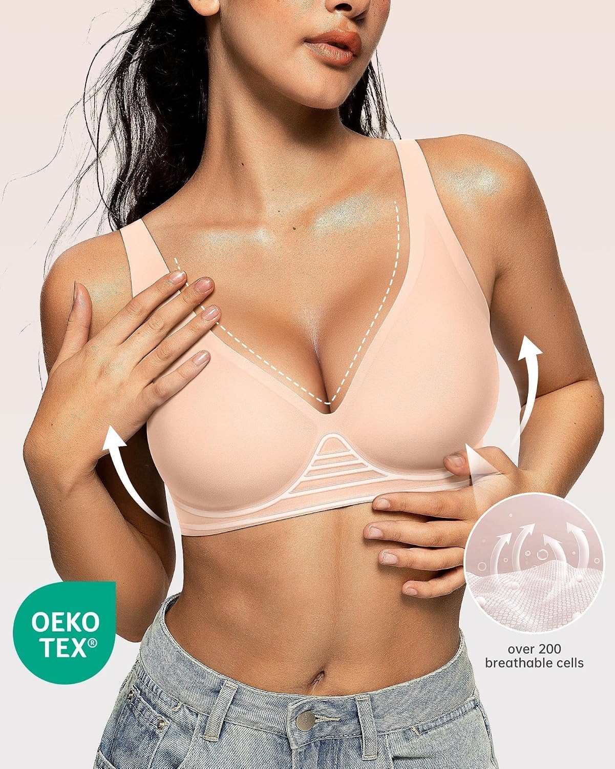 OEAK Womens Jelly Bras Wireless Deep V Comfy Push Up Tshirt L Blush Nude