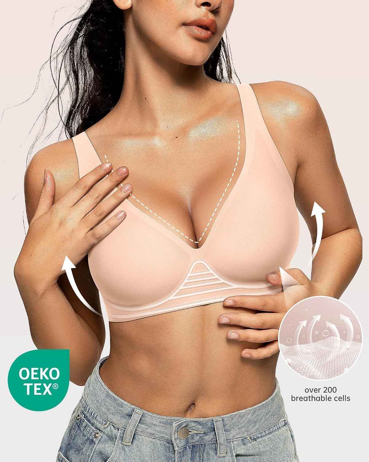 OEAK Womens Jelly Bras Wireless Deep V Comfy Push Up Tshirt XL Blush Nude