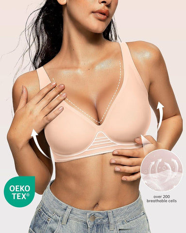 OEAK Womens Jelly Bras Wireless Deep V Comfy Push Up Tshirt L Blush Nude