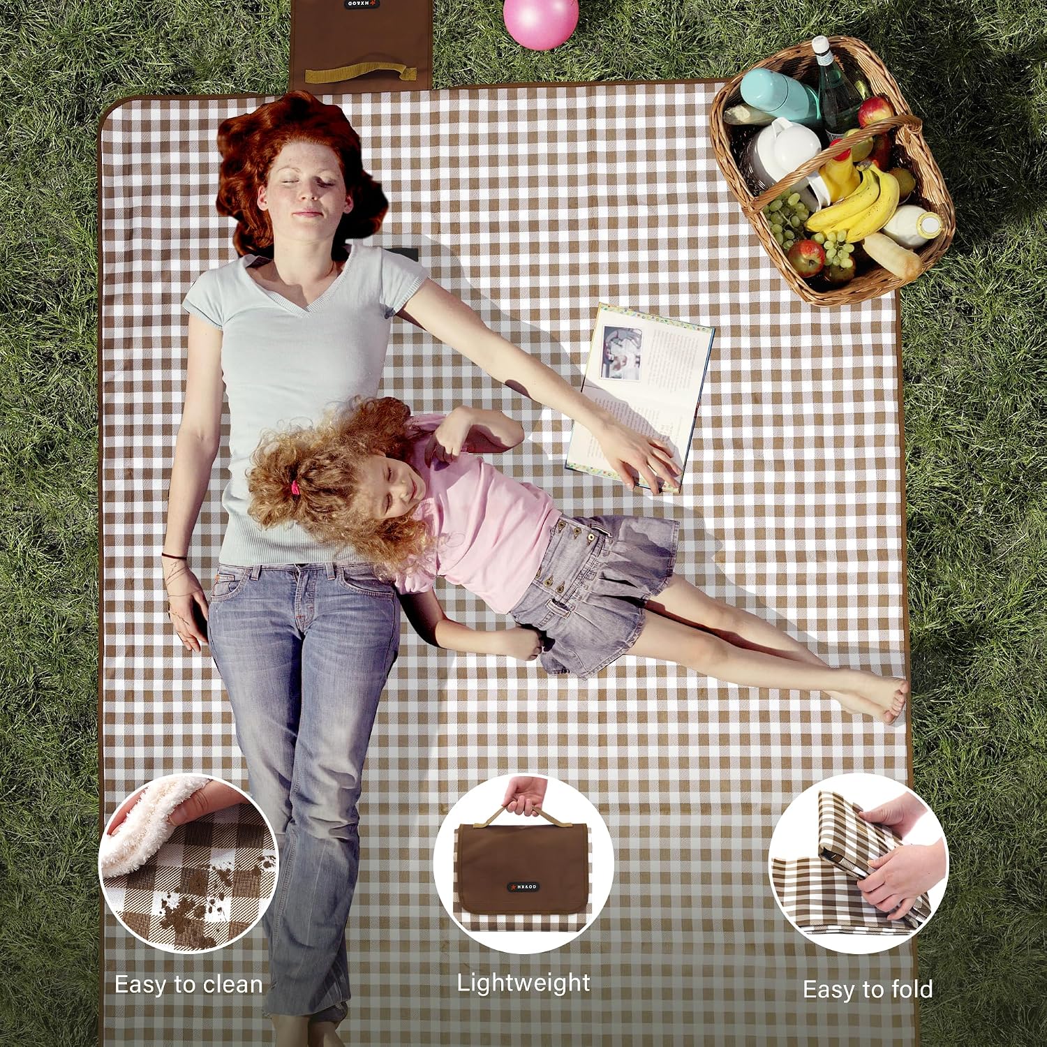 HX&OD Picnic Blanket Outdoor Extra Large Picnic Mat 80"X60" Camping Blanket Beach Blanket Foldable Waterproof Sand Mat Hiking Travel Family Concerts(Brown)