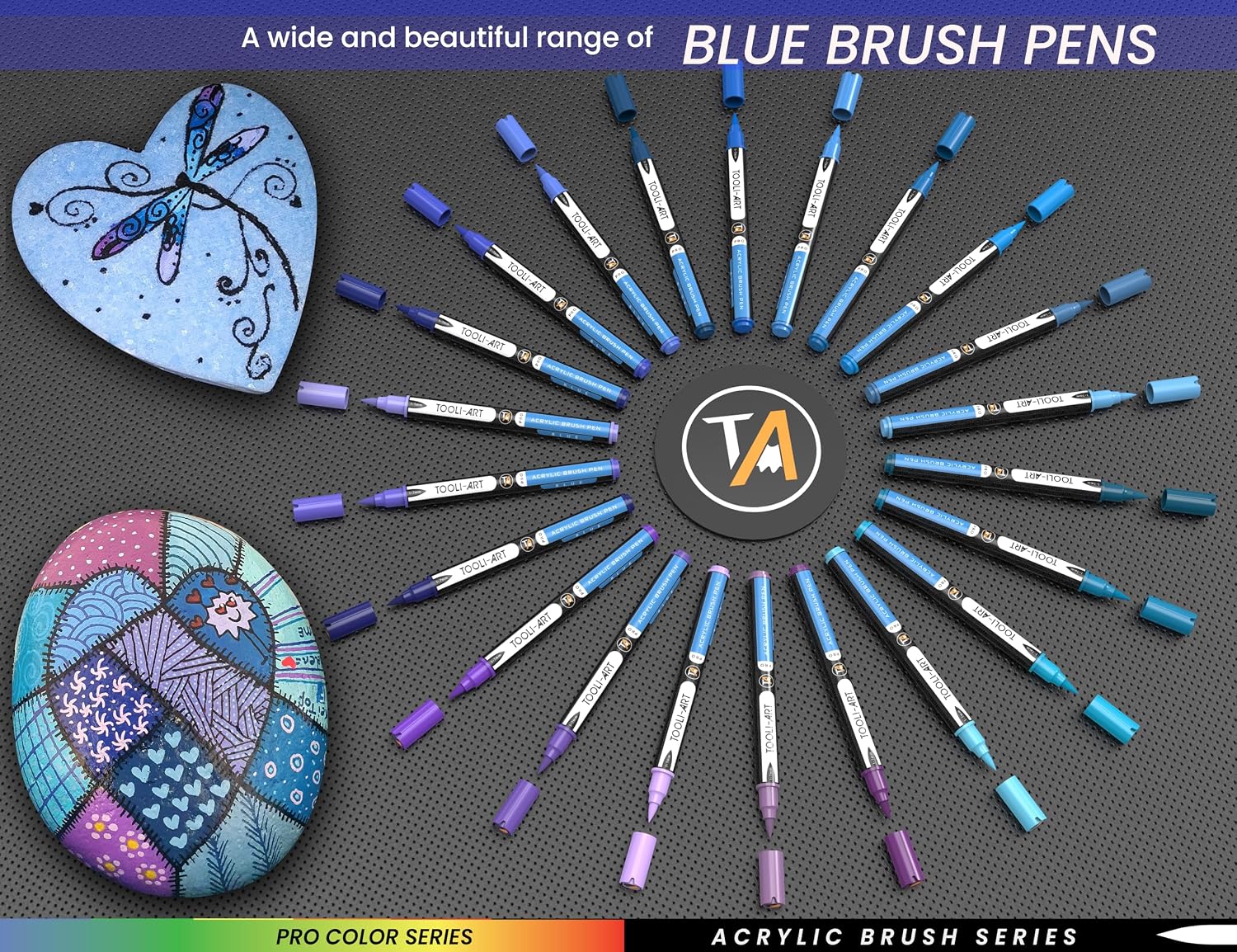 TOOLI-ART 22 Flexible Brush Tip Acrylic Paint Pens Markers Set 1-7mm Line for Rock Painting, Glass, Mugs, Wood, Metal, Canvas, Plastic. Non Toxic Waterbased Quick Drying Assorted Blue