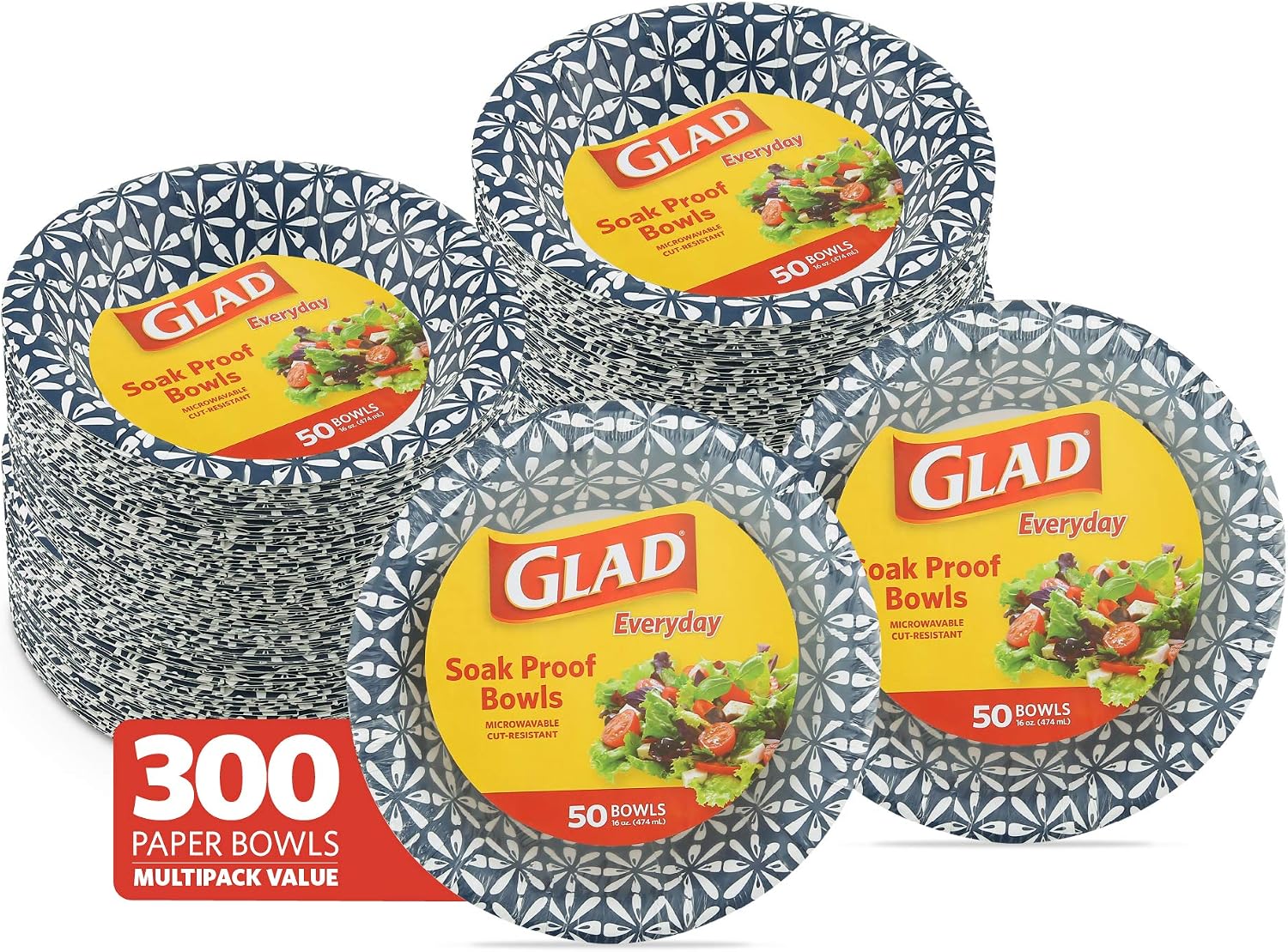 Glad Round Disposable Paper Bowls, Blue Mosaic, 16 Oz, 50 Count, 6-Pack